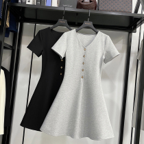 MRMW2021 summer new French V-neck short sleeve single-breasted dress womens temperament waist slim a Platycodon skirt