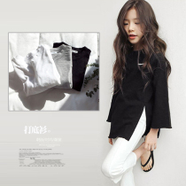 Girls bamboo cotton split long sleeve T-shirt 2021 Spring and Autumn Korean version of Zhongtang Long flared sleeve loose top
