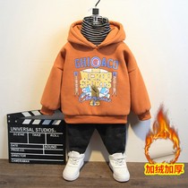 Boy plus velvet sweater autumn winter clothes 2021 new childrens hooded pullover thick top big Children winter clothes