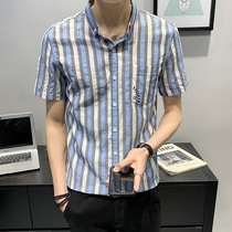 Spring and summer short sleeve striped shirt for mens Korean version Trend handsome shirt mens clothing 2022 new ruffie-port wind blouses