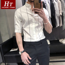 Summer thin short sleeve shirt men 2021 New Stripe sleeve top handsome casual five points seven points shirt men