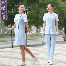 Fanny Cess 2021 new round neck nurse short sleeve white coat female slim dress nurse overalls blue