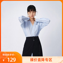 LILY summer new womens dress lenient profile shape temperament V collar striped pure cotton shirt 120210C4177