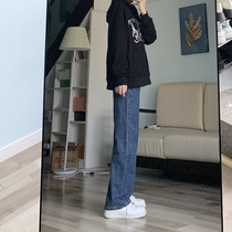 Straight-leg jeans womens autumn and winter high-waisted slim cigarette-pipe pants retro loose wide-leg mopping long pants