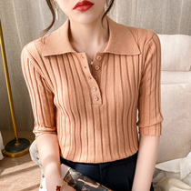 Spring and summer new pure cotton Polo collar seven-sleeved gas tops to roll crater and knitted shirt