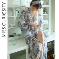 Mimis printed nightgown thin sexy pajamas womens spring and summer long over-the-knee chiffon cardigan home clothes sexy