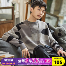 Tang Lion 2021 autumn and winter new stitching contrast color sweater mens loose round neck pullover Japanese trendy sweater top