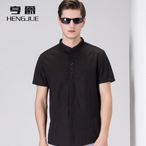 New mens small stand neck linen short sleeve shirt top middle young Ramie half sleeve casual shirt summer