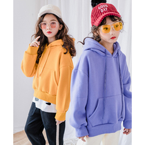 Girls fleece sweater thickened Korean version of the trendy autumn and winter warm childrens pullover with hat 12-15 years old middle-aged and older children