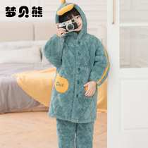 Childrens pajamas winter boys thickened flannel cotton and velvet set middle and large children coral velvet home clothing autumn and winter