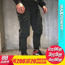 MAXPOWER original tide brand streamer design Black slim-fit cargo movement Casual style versatile trousers men