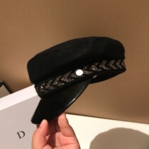 Hat female Korean fashion socialite Rhinestone flat top navy hat Autumn and winter wool cap octagonal hat Tide cap