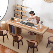  Rattan balcony tea table and chair combination Solid wood household Kung Fu small tea table Bed and breakfast Simple modern Zen tea room tea table
