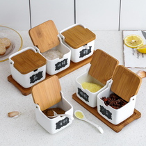 Creative Japanese ceramic seasoning pot Seasoning pot set Kitchen supplies Bamboo and wood seasoning box Seasoning salt tank three-piece set