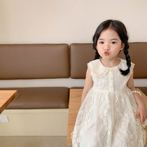Girls sleeveless lace dress 2021 Summer Korean version female baby gentle ladies turning pearl buttoned fairy dress damp