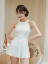 Swimsuit womens one-piece skirt thin belly cover hot spring conservative white round neck halter skirt one-piece womens swimsuit