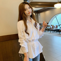 2021 Spring and Autumn new white shirt womens long heart machine top design sense niche loose light mature waist shirt