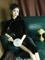 Black Velvet Qipao Retro China Wind Sexy Fashion Display Slim Mid-Length Improved Version Middle Sleeve Dress Fall