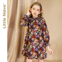 LittleNaive childrens clothing girls floral dress autumn and winter New middle child cotton retro princess skirt