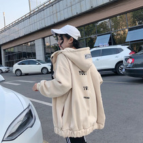 Velvet thickened hooded sweater womens tide ins loose Korean version of the 2021 autumn and winter new top womens lazy wind jacket
