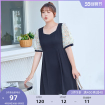 (Clear Cabin RMB120 ) Big Code Womens Dress 2021 New Summer Clothing Fashion Retro Square Collar Color Splicing Dress