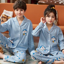 Biding Cat Children Long Sleeve Pyjamas Pure Cotton Spring Fall Male Girl Fat Boy Baby Cartoon Cute Home Suit Suit