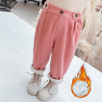 Girls pants plus velvet thickened outer wear 2021 new children Winter foreign style warm loose baby corduroy pants