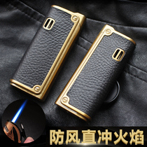 Leather straight punch lighter cigar blue flame windproof lighter Personality ultra-thin texture mens cigarette