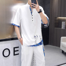 Chinese style short-sleeved T-shirt suit mens summer ice silk half-sleeved V-collar Hanfu Tang outfit youth large size Chinese style costume