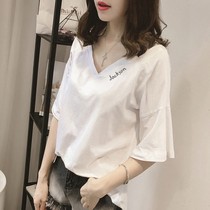 short-sleeved t-shirt womens summer 2020 new ins tide v-neck pure cotton t-shirt short Korean version of womens loose white shirt