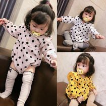 Korean childrens clothing girls spring clothing 2020 foreign style cotton triangle ha clothes baby girl cute polka dot small flying sleeve climbing suit