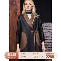 U N Q commuter retro style high-grade color sheep leather long loose V-neck leather womens coat
