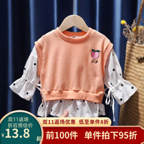 Girls 2022 hot new childrens fake two-piece tops baby girls autumn thin section tide childrens spring sweater