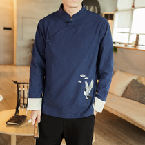 Chinese style spring mens diagonal placket Tang suit embroidery stand collar buckle shirt retro jacket jacket jacket mens clothes T-shirt