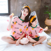 Parent-child pajamas mother and daughter clothes 2021 summer tide Girls short-sleeved suit pure cotton summer home clothes Childrens thin models