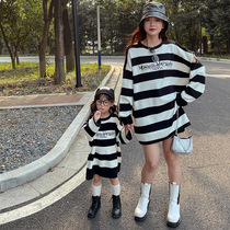 Parent-Child clothing spring and autumn 2021 New Korean version of womens knitwear foreign style hipster striped loose sweater