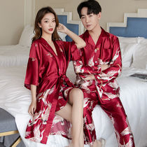 Spring Summer lovers sleepwear silk Long sleeves Men and women Great red wedding Ben life Festive Ice Silk Sleepwear Suits Summer