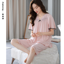 Modal Pajamas Ladies 2022 New Summer V-neck Short Sleeves Cropped Pants Homewear Thin Plus Size Set
