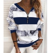   Womens Shrt Striped Color Block Long Seleeve Print v Neck