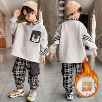 Boys set autumn 2021 New Tong children autumn winter plus velvet thickened sports two-piece Childrens foreign-style tide