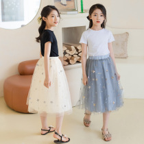 Girls Skirt Suit Summer 2021 Korean childrens short-sleeved T-shirt Star Princess mesh skirt two-piece set
