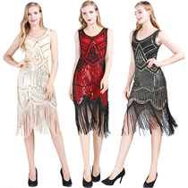 2020 new 1920s vintage sequined dress double V-collar nail beads sequined tassel dress large size beaded dress women