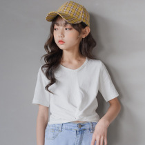 Girls white T-shirt 2022 summer new V-neck short linen cotton simple top with straps short-sleeved half-sleeved bottoming shirt