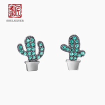 Old Silversmith 925 Silver Cactus Potted Earrings Female Temperament Simple Summer Fresh Joker Send Girlfriend Silver Earrings