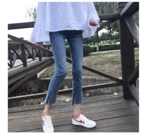 Pregnant Woman Jeans Spring Autumn Money Outside Wearing Straight Cylinder Loose 90% Pants Spring Summer Short Sub-Breaking Cave Thin-Pants Summer