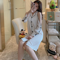 Sleeping Dress Woman Summer Ice silk Little Sexy Shoulders Spring Autumn Season Boyfriend Wind Shirt Woman Long Sleeve Silk Pyjamas Skirt summer