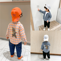 Cute boy plaid shirt 2021 spring new male and female baby cartoon shirt childrens casual coat tide