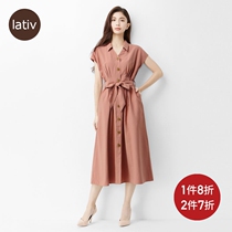 Lativ Makoto womens short sleeves fast-buttoned bow dress dress dress midi dress retract belt summer womenswear