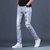 Trendy summer style ripped printed jeans male beggars slim fit all-match elastic trend light-colored small feet casual pants
