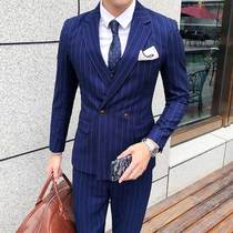 Blue striped double-breasted suit mens suit mob Casual groom suit men Korean fashion slim wedding ceremony